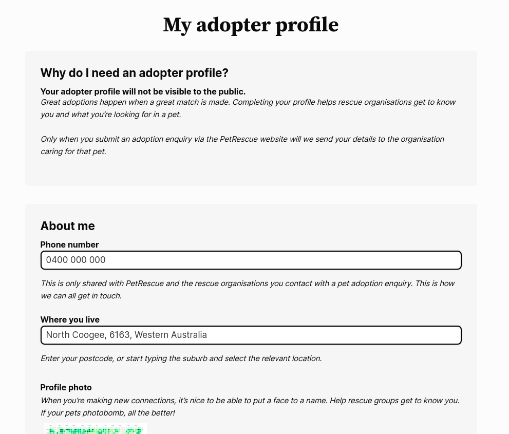 an image of an adopter profile on PetRescue